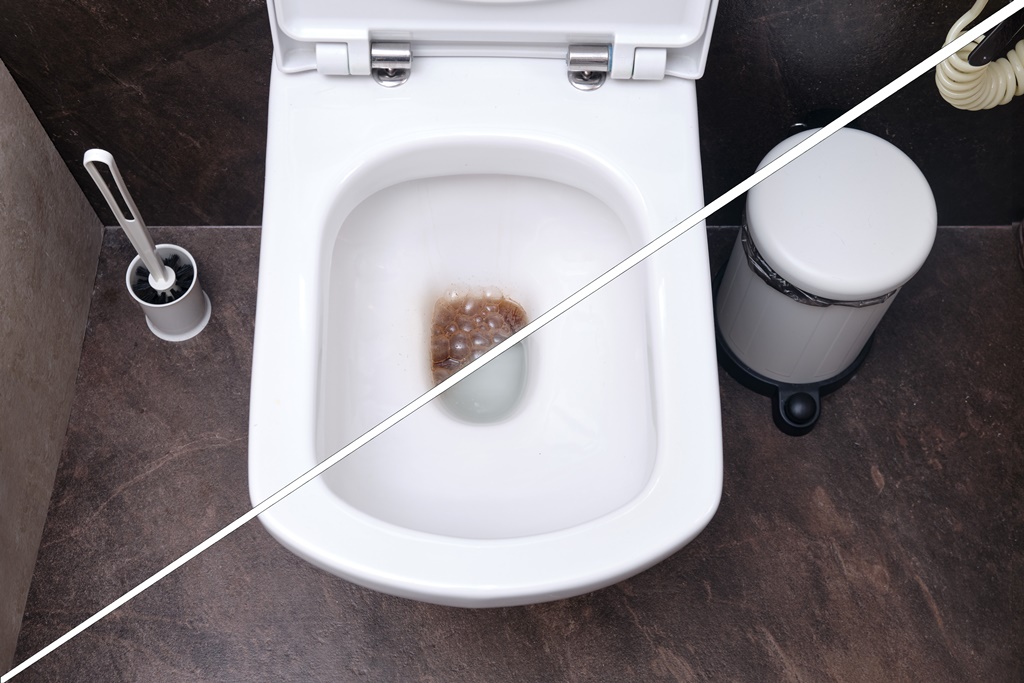 Eldugult WC képe a dugulás megszüntetése előtt illetve a dugulás elhárítása után